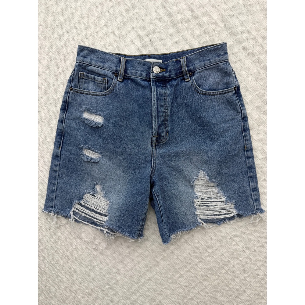 PacSun High Rise Boy‎ Short Distressed Ripped Denim Blue Button Fly Size 28